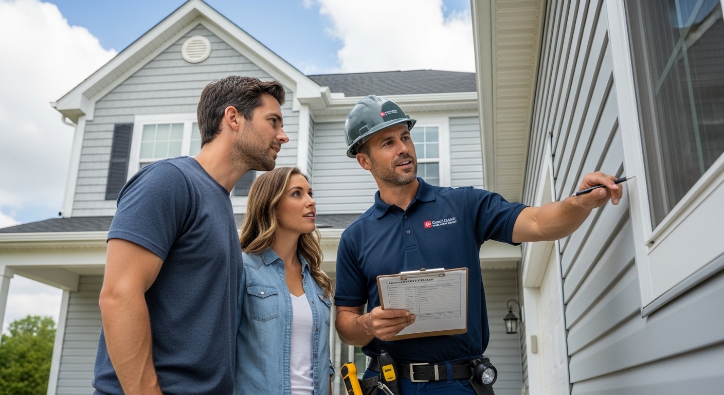 Contractor inspecting a home exterior during a free consultation