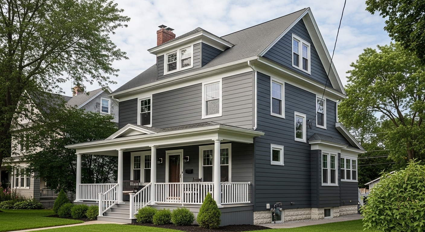 Home exterior with siding, gutters, and windows
